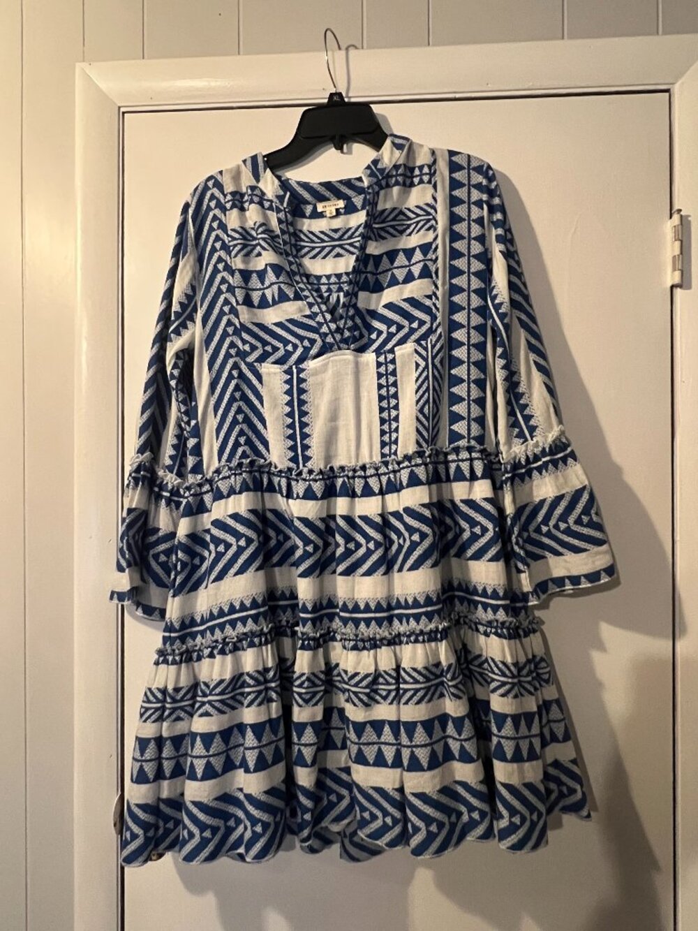 En Creme Blue White Boho Tiered Dress Size M